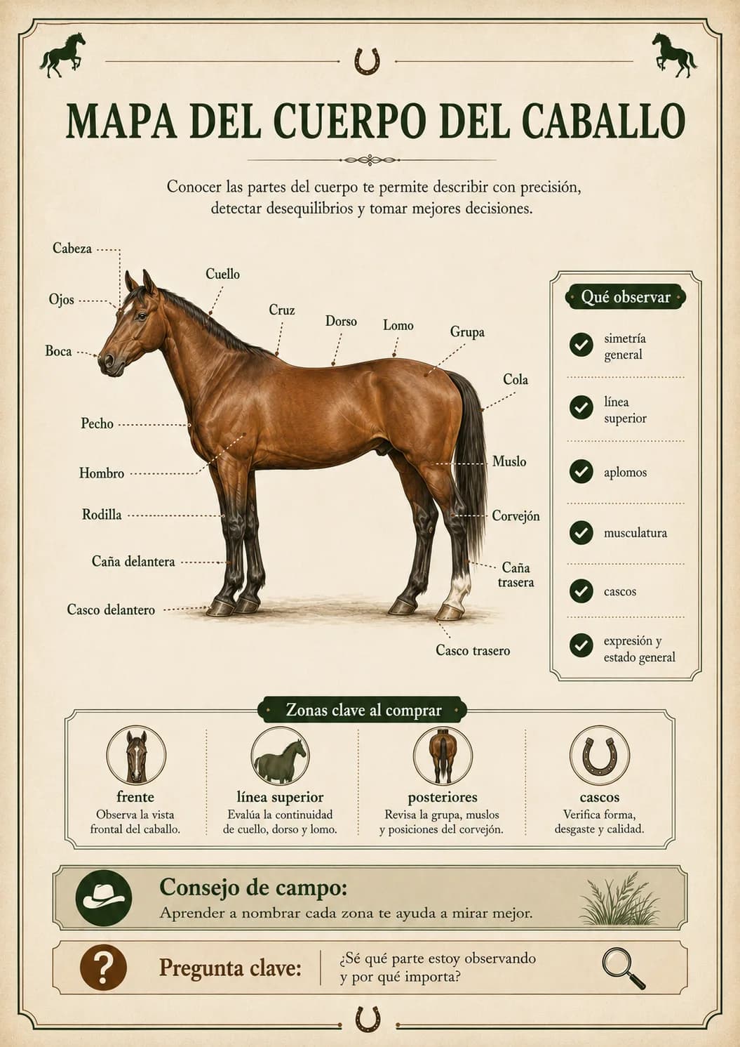 Guía Visual de Evaluación de Equinos — Mapa del cuerpo del caballo