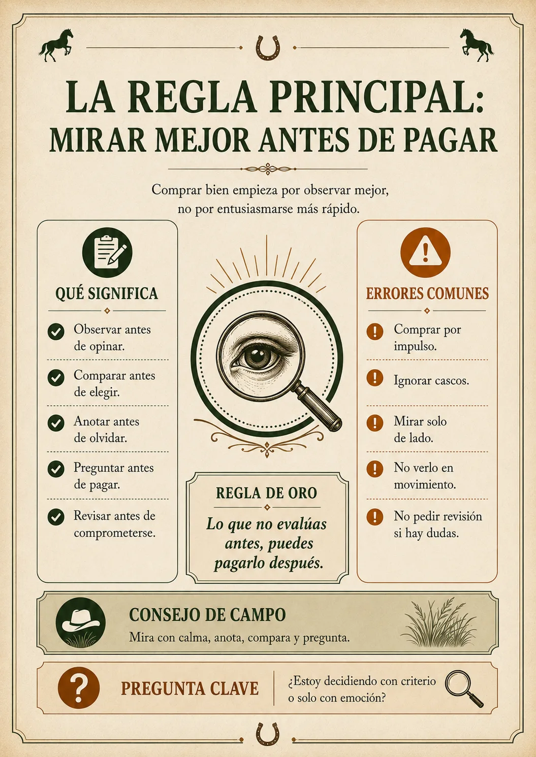 Guía Visual de Evaluación de Equinos — La regla principal: mirar mejor antes de pagar