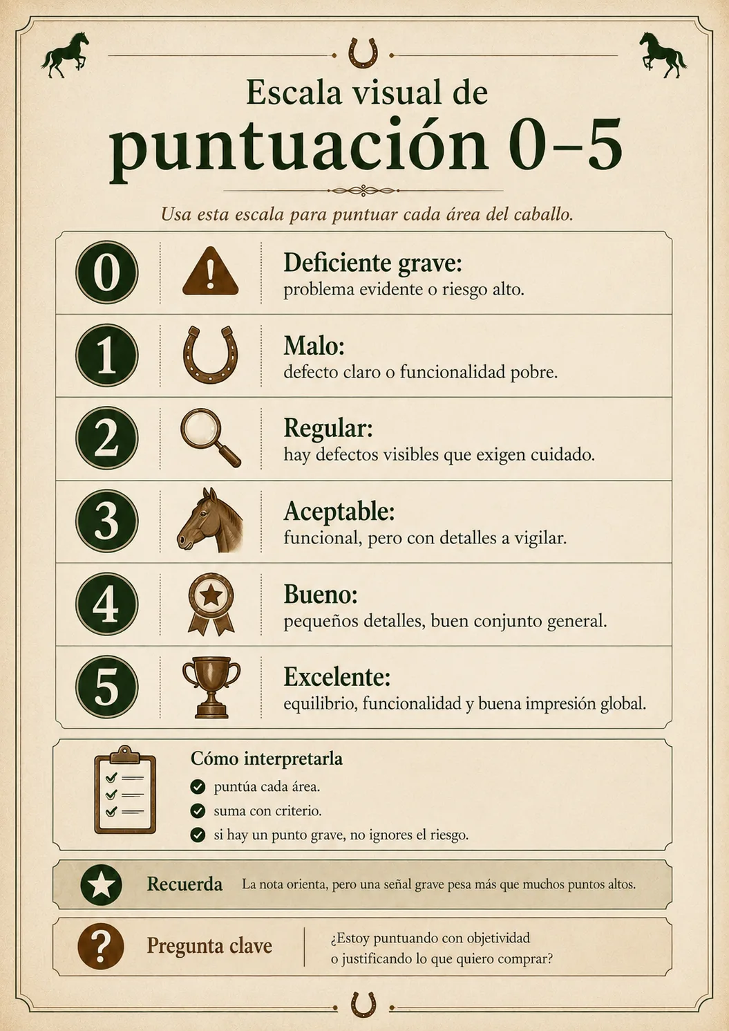 Guía Visual de Evaluación de Equinos — Escala visual de puntuación 0–5