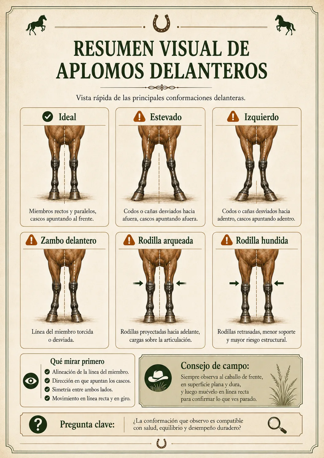 Guía Visual de Evaluación de Equinos — Resumen visual de aplomos delanteros