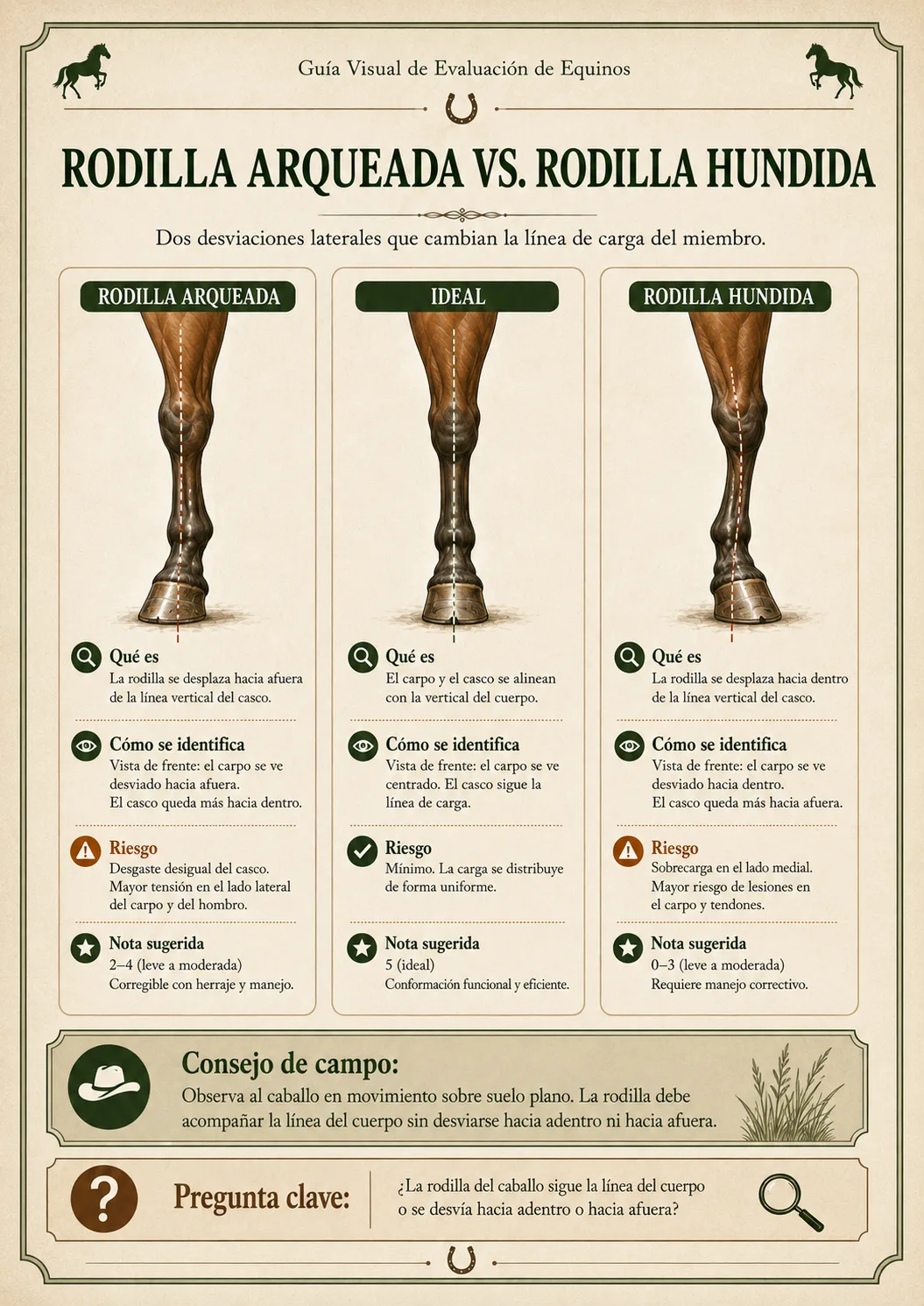Guía Visual de Evaluación de Equinos — Rodilla arqueada vs. rodilla hundida