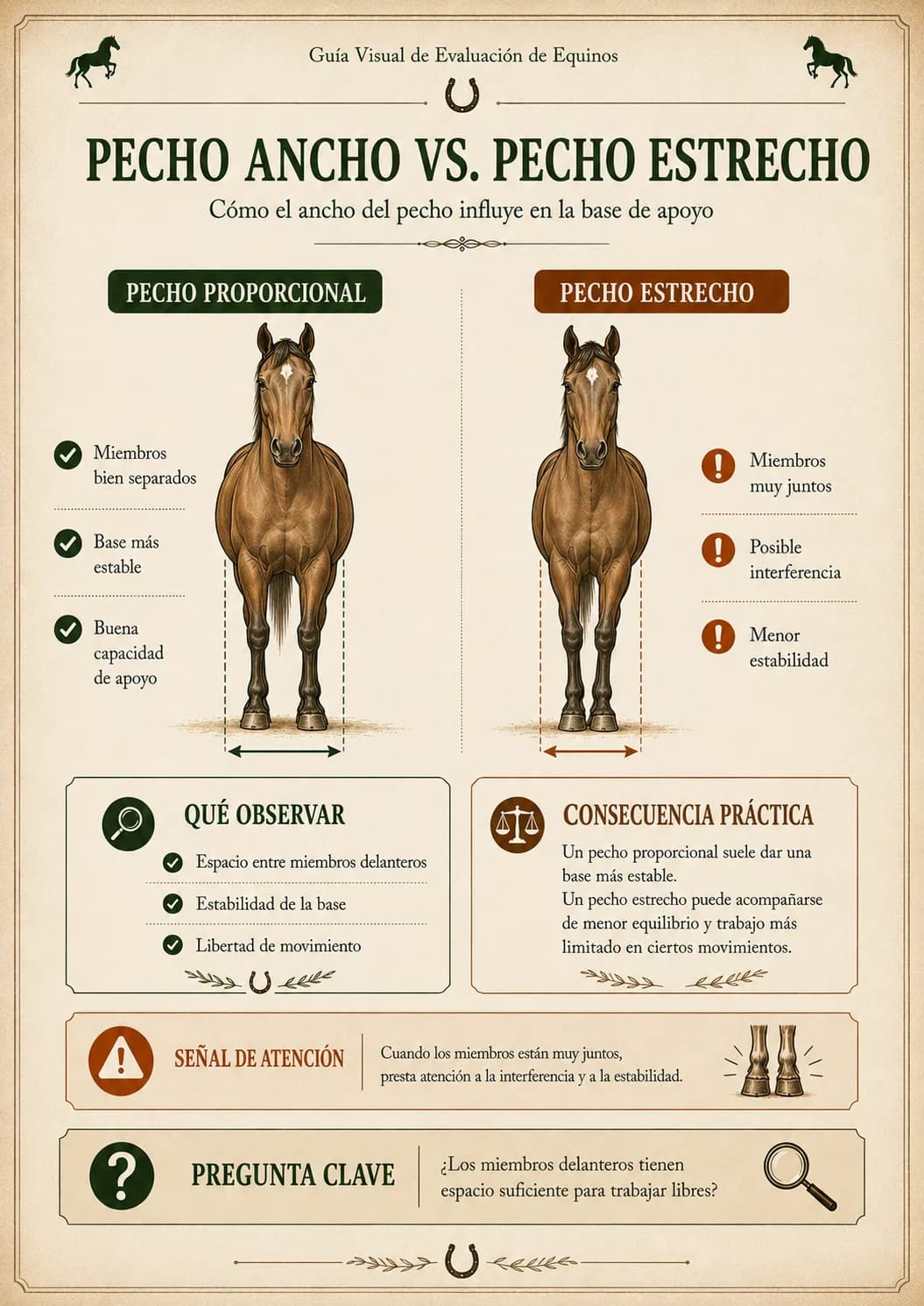Guía Visual de Evaluación de Equinos — Pecho ancho vs. pecho estrecho
