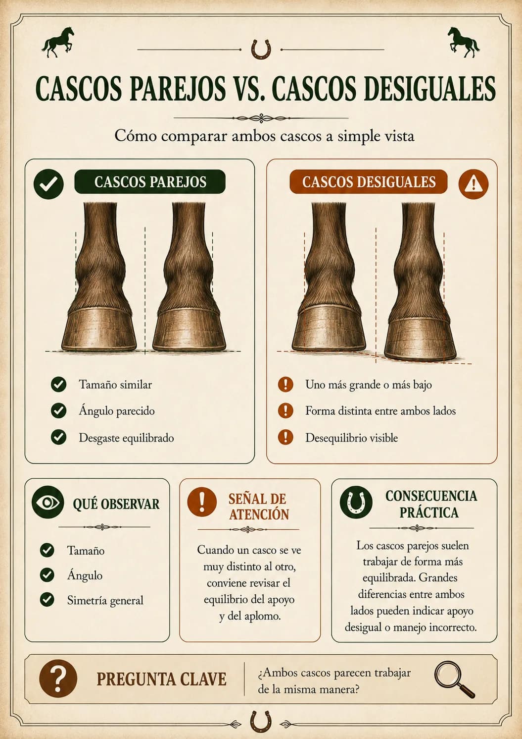 Guía Visual de Evaluación de Equinos — Cascos parejos vs. cascos desiguales