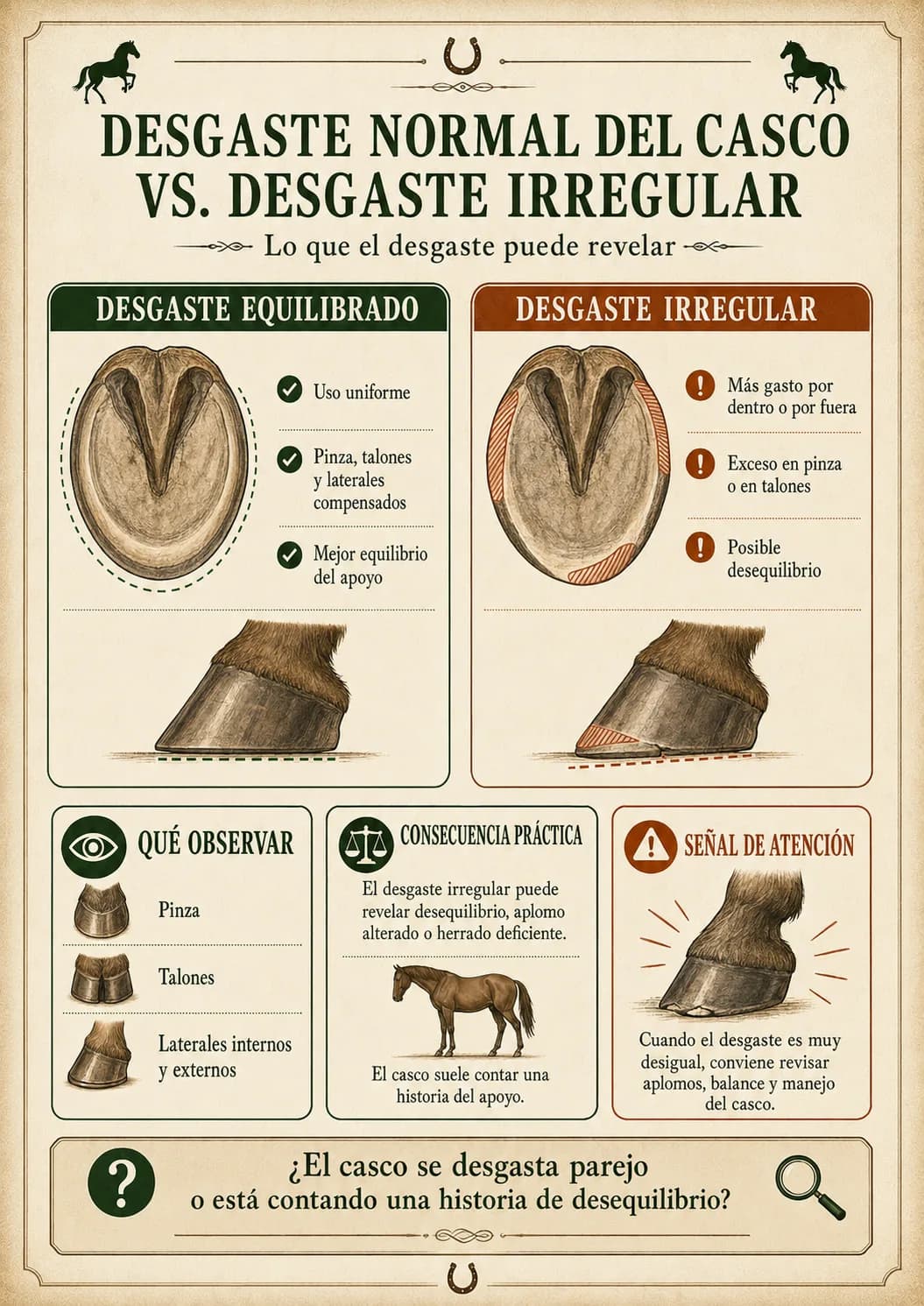 Guía Visual de Evaluación de Equinos — Desgaste normal del casco vs. irregular
