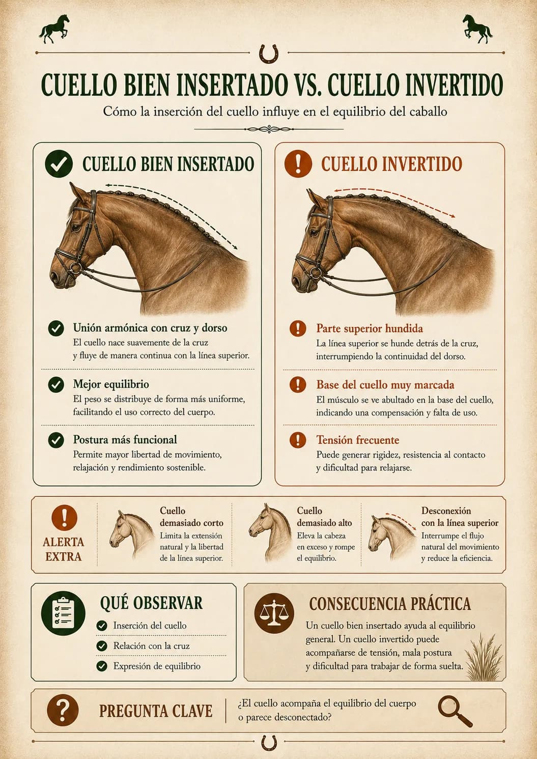 Guía Visual de Evaluación de Equinos — Cuello bien insertado vs. cuello invertido