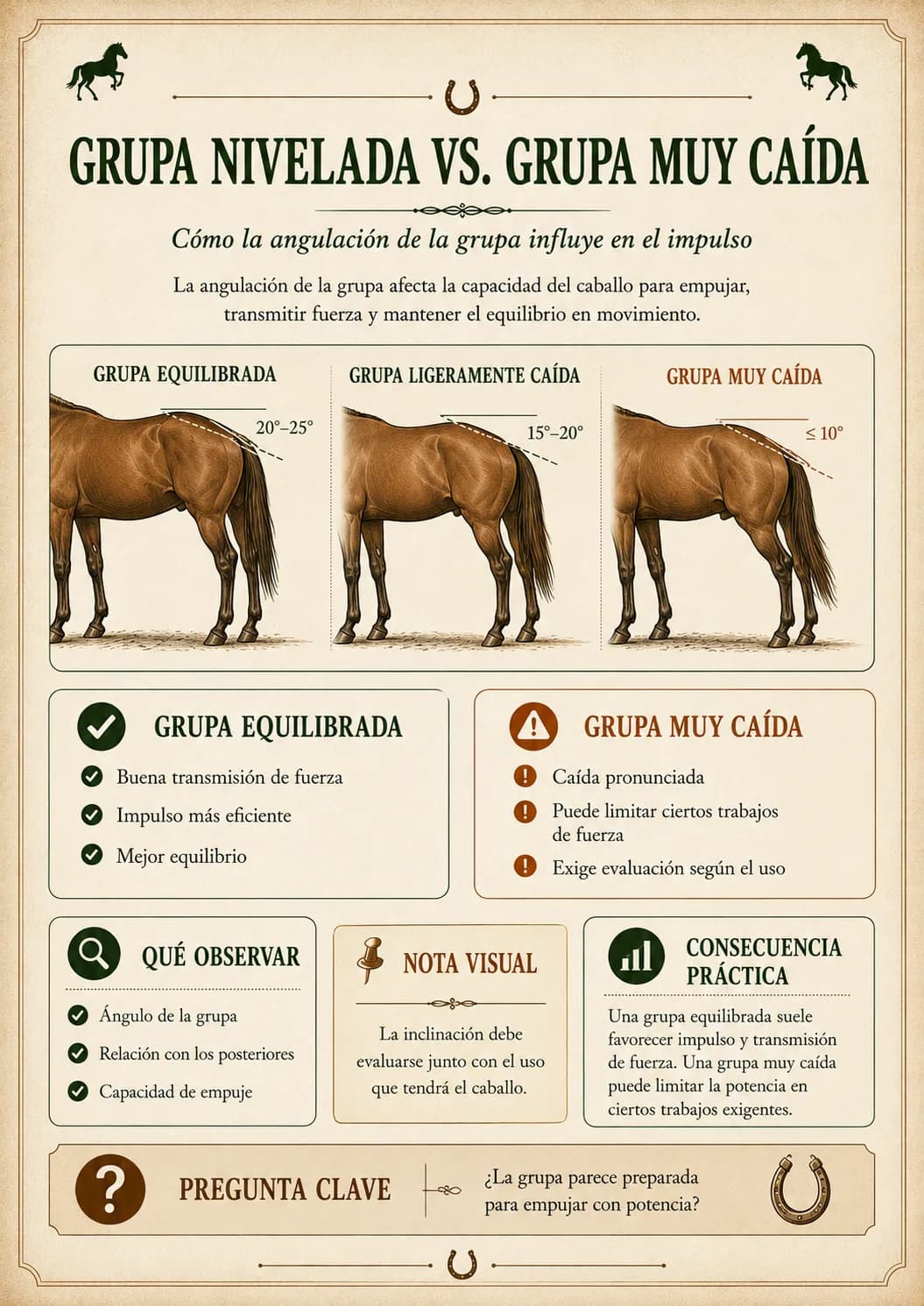 Guía Visual de Evaluación de Equinos — Grupa nivelada vs. grupa muy caída