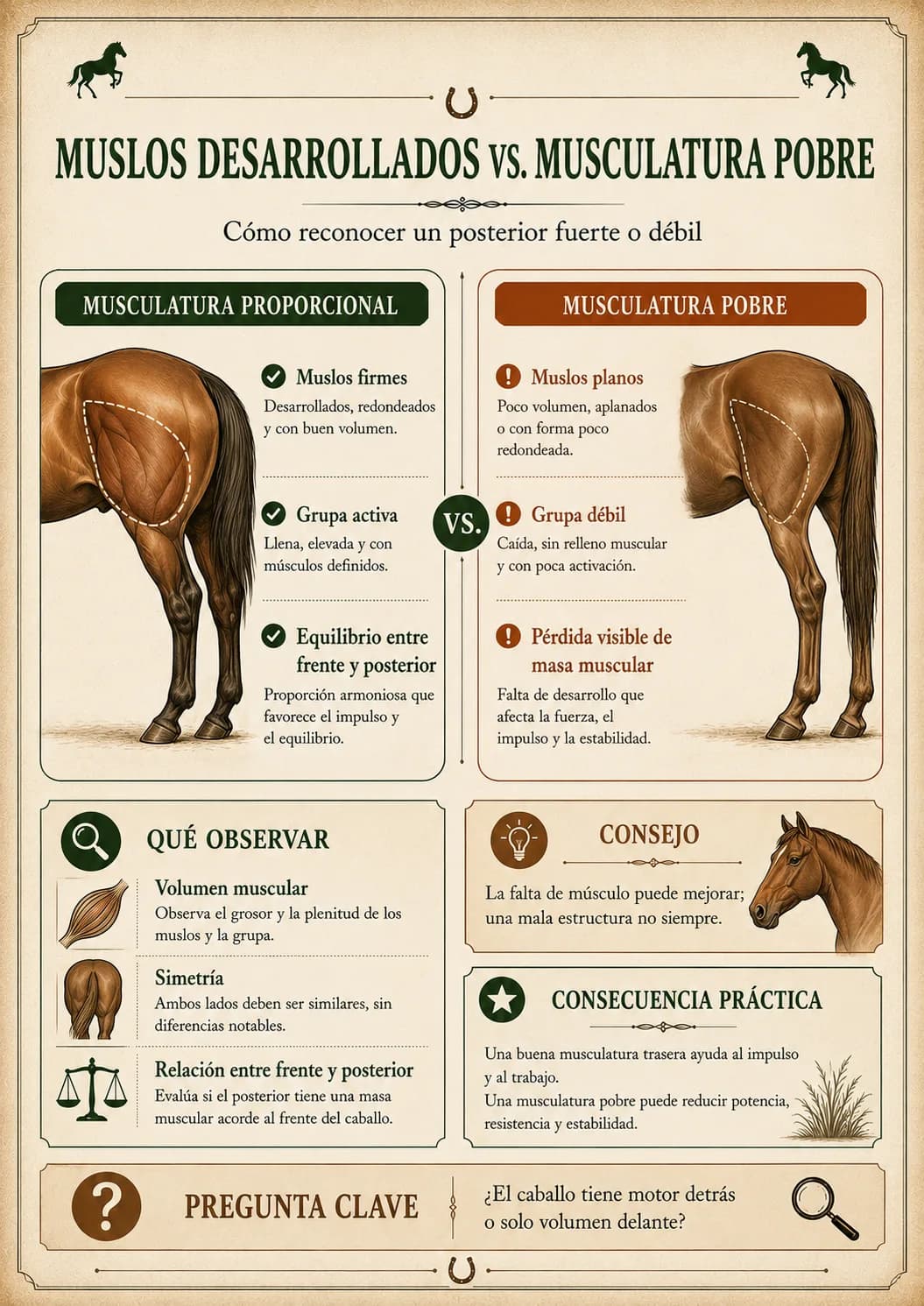 Guía Visual de Evaluación de Equinos — Muslos desarrollados vs. musculatura pobre