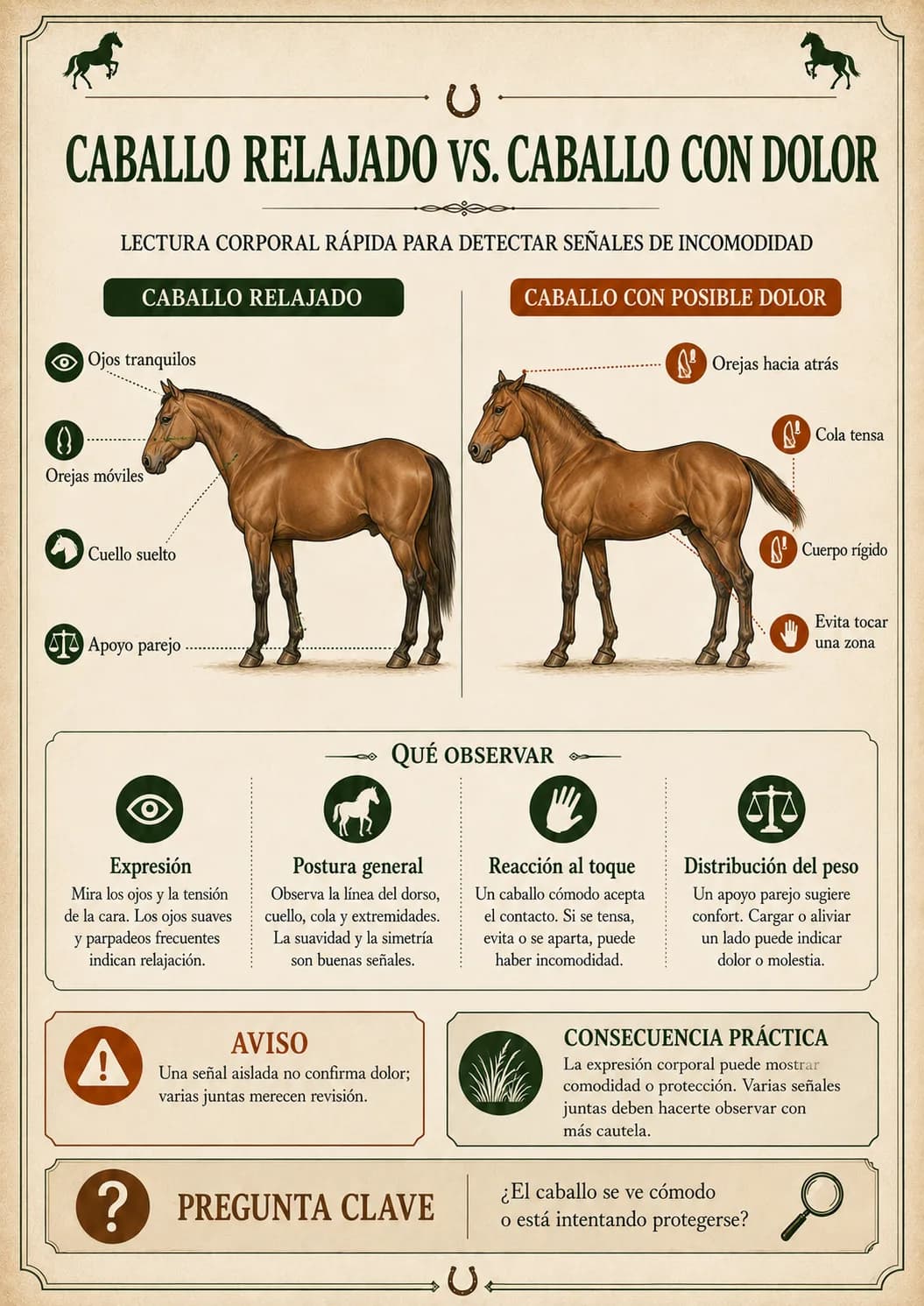 Guía Visual de Evaluación de Equinos — Caballo relajado vs. caballo con dolor