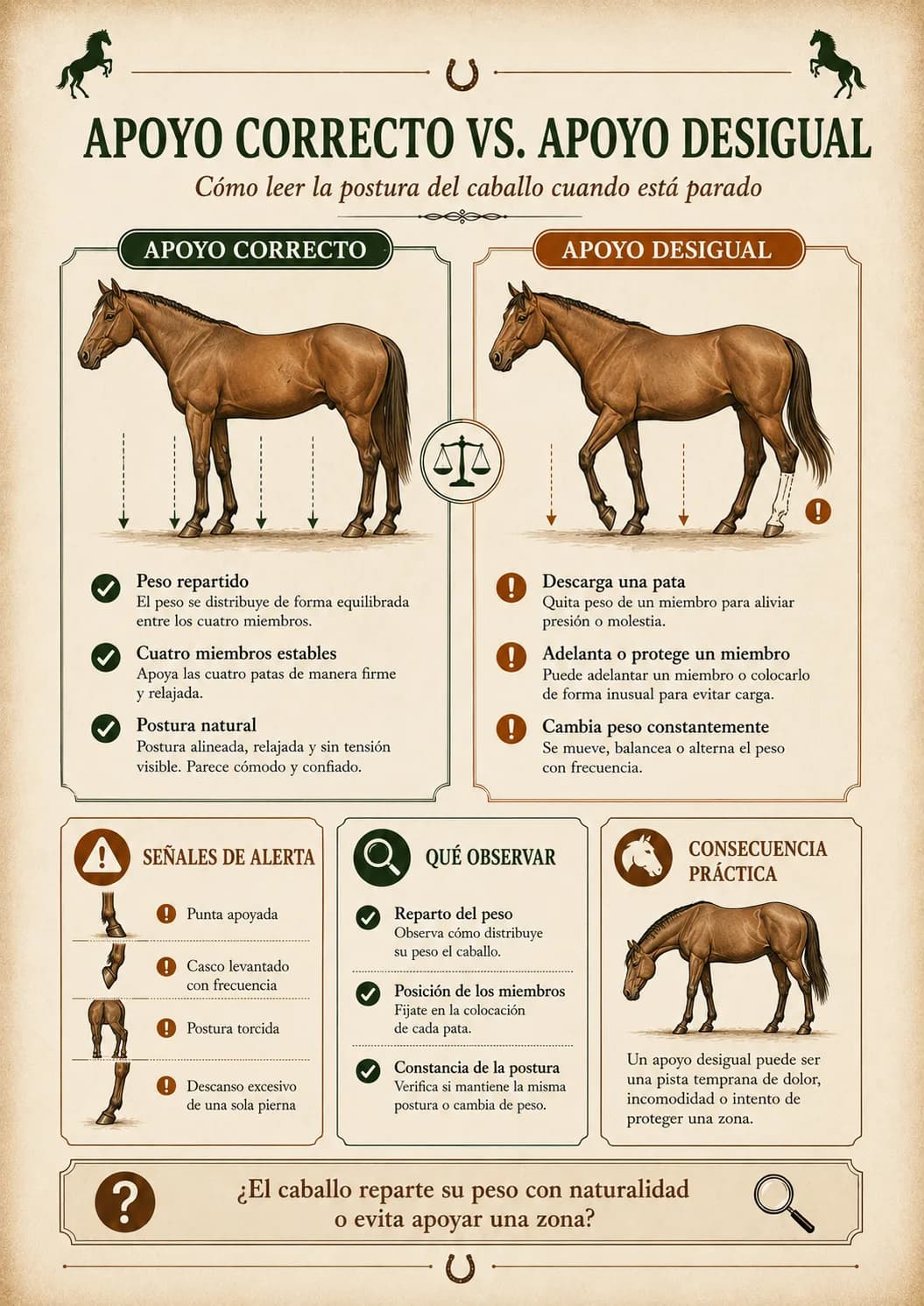 Guía Visual de Evaluación de Equinos — Apoyo correcto vs. apoyo desigual